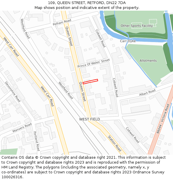 109, QUEEN STREET, RETFORD, DN22 7DA: Location map and indicative extent of plot