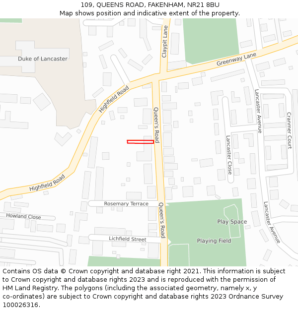 109, QUEENS ROAD, FAKENHAM, NR21 8BU: Location map and indicative extent of plot