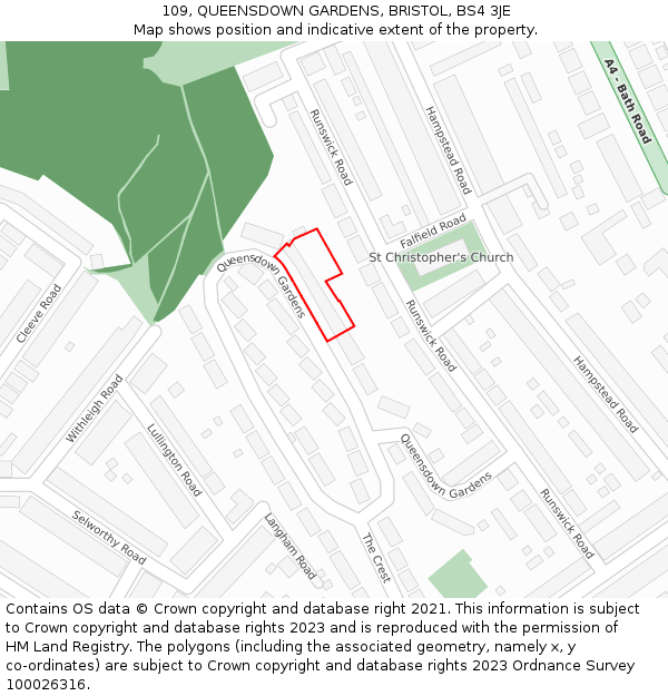 109, QUEENSDOWN GARDENS, BRISTOL, BS4 3JE: Location map and indicative extent of plot