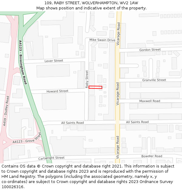 109, RABY STREET, WOLVERHAMPTON, WV2 1AW: Location map and indicative extent of plot