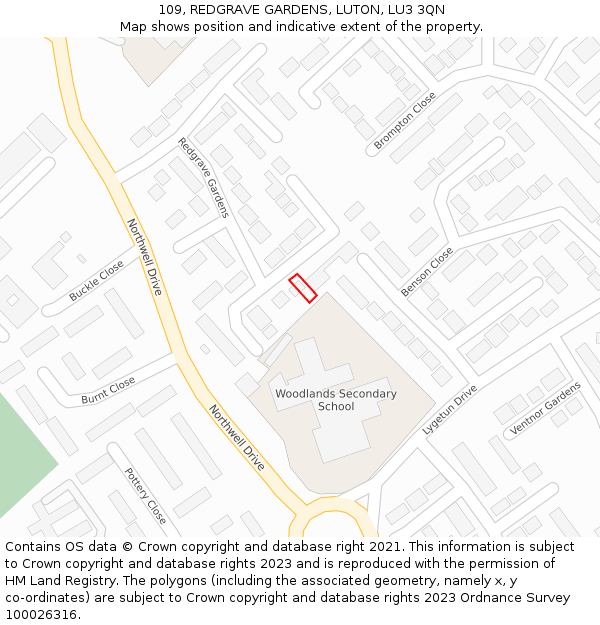 109, REDGRAVE GARDENS, LUTON, LU3 3QN: Location map and indicative extent of plot