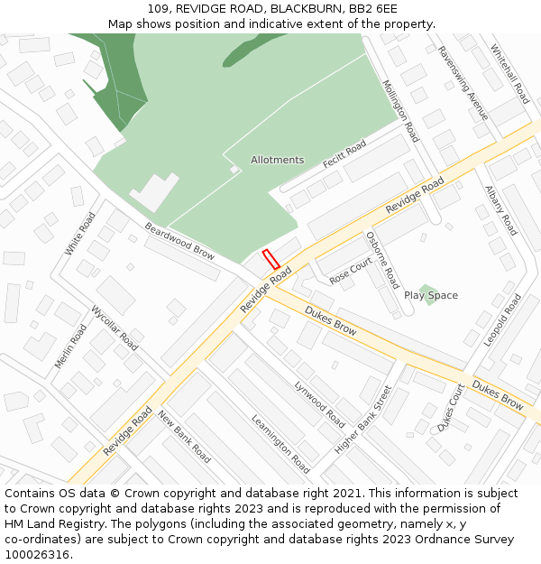 109, REVIDGE ROAD, BLACKBURN, BB2 6EE: Location map and indicative extent of plot