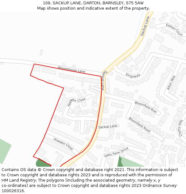 109, SACKUP LANE, DARTON, BARNSLEY, S75 5AW: Location map and indicative extent of plot