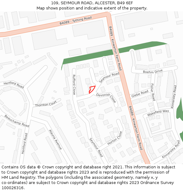 109, SEYMOUR ROAD, ALCESTER, B49 6EF: Location map and indicative extent of plot