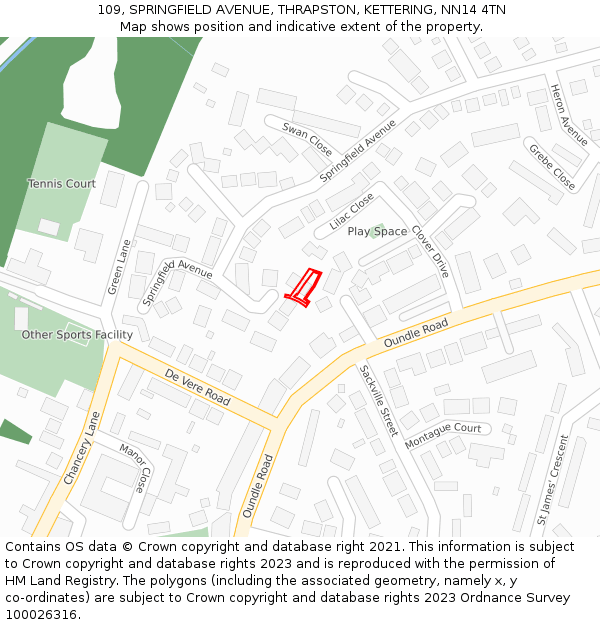 109, SPRINGFIELD AVENUE, THRAPSTON, KETTERING, NN14 4TN: Location map and indicative extent of plot