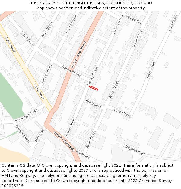 109, SYDNEY STREET, BRIGHTLINGSEA, COLCHESTER, CO7 0BD: Location map and indicative extent of plot
