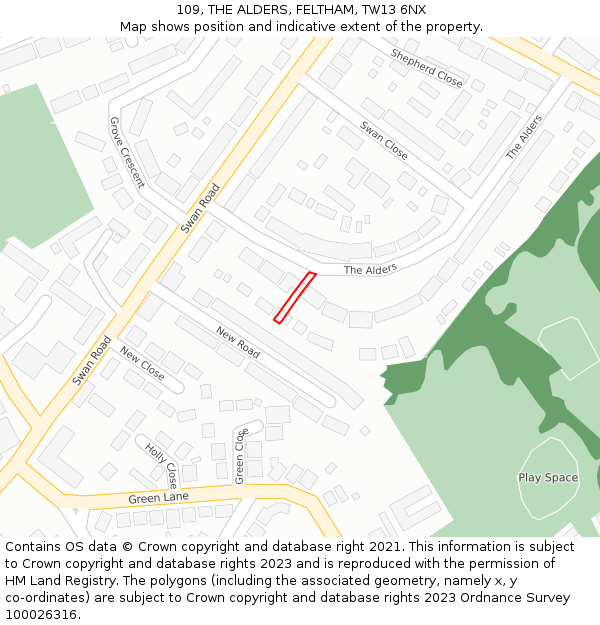 109, THE ALDERS, FELTHAM, TW13 6NX: Location map and indicative extent of plot