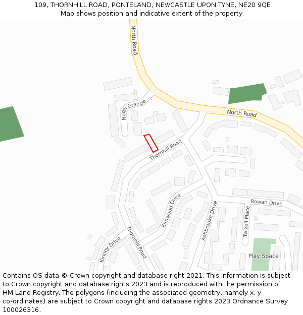 109, THORNHILL ROAD, PONTELAND, NEWCASTLE UPON TYNE, NE20 9QE: Location map and indicative extent of plot