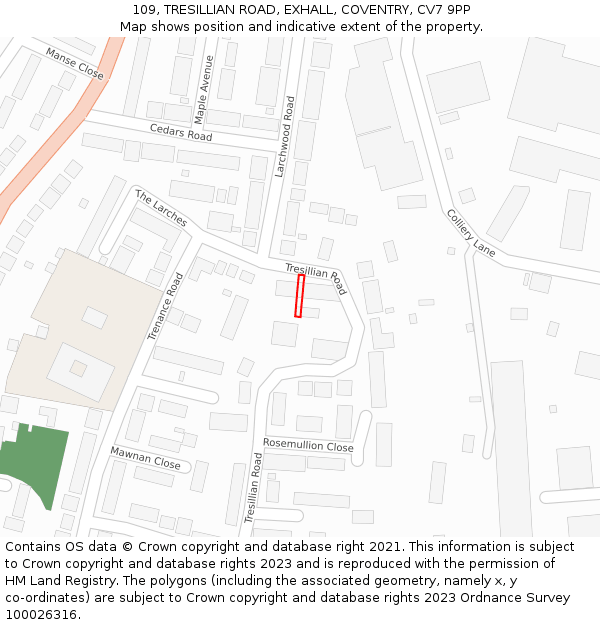 109, TRESILLIAN ROAD, EXHALL, COVENTRY, CV7 9PP: Location map and indicative extent of plot