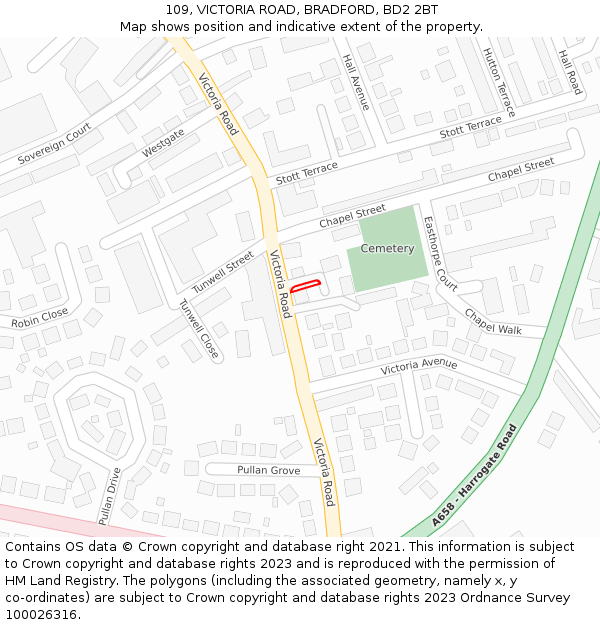 109, VICTORIA ROAD, BRADFORD, BD2 2BT: Location map and indicative extent of plot