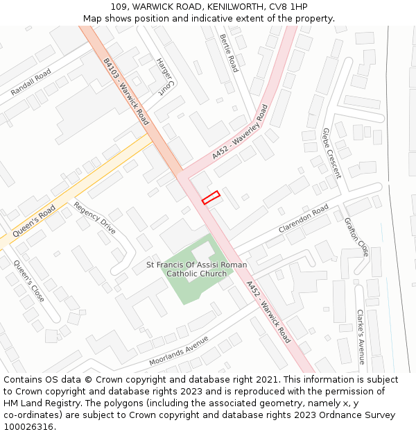 109, WARWICK ROAD, KENILWORTH, CV8 1HP: Location map and indicative extent of plot