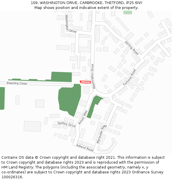 109, WASHINGTON DRIVE, CARBROOKE, THETFORD, IP25 6NY: Location map and indicative extent of plot
