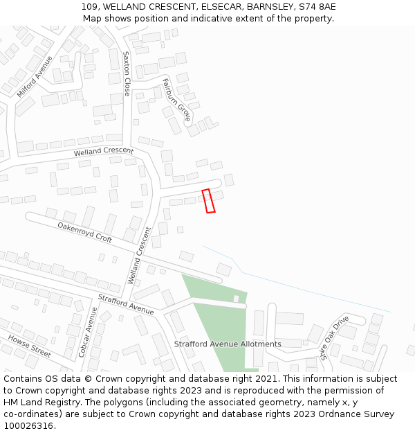 109, WELLAND CRESCENT, ELSECAR, BARNSLEY, S74 8AE: Location map and indicative extent of plot