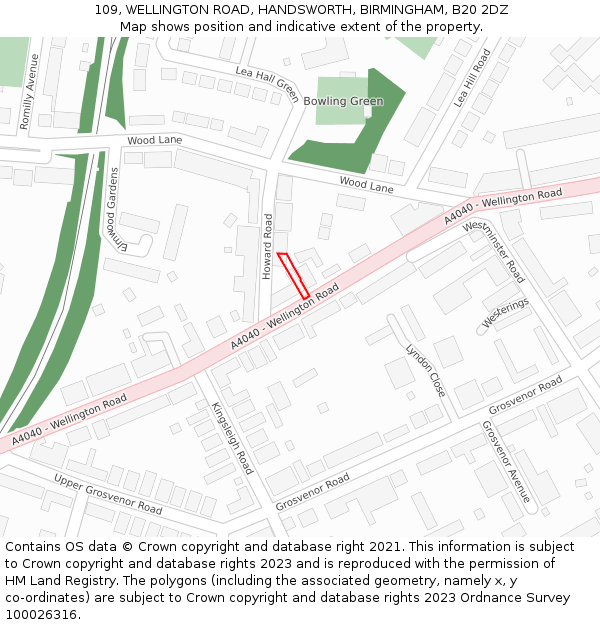 109, WELLINGTON ROAD, HANDSWORTH, BIRMINGHAM, B20 2DZ: Location map and indicative extent of plot