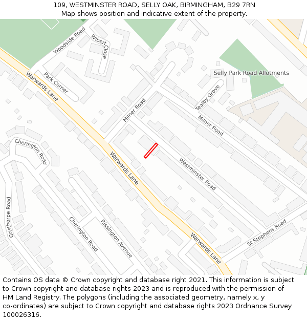 109, WESTMINSTER ROAD, SELLY OAK, BIRMINGHAM, B29 7RN: Location map and indicative extent of plot