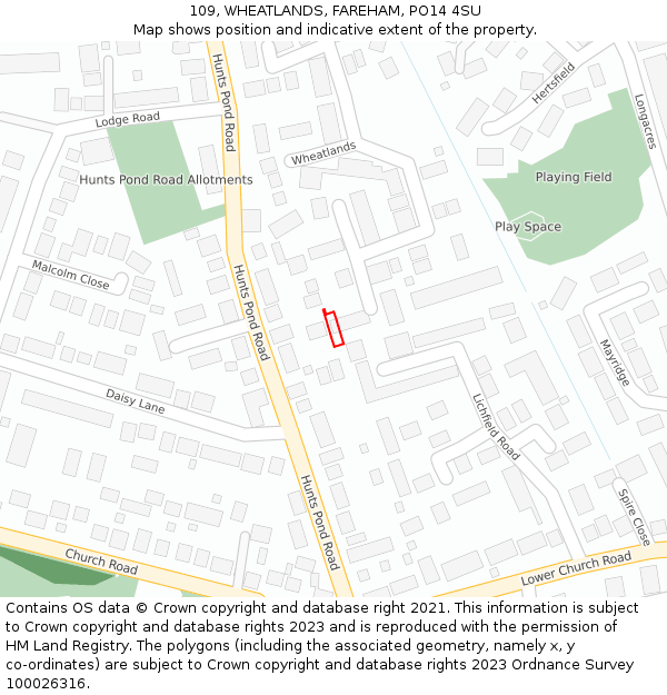 109, WHEATLANDS, FAREHAM, PO14 4SU: Location map and indicative extent of plot