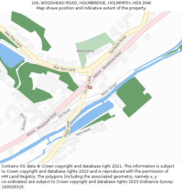 109, WOODHEAD ROAD, HOLMBRIDGE, HOLMFIRTH, HD9 2NW: Location map and indicative extent of plot