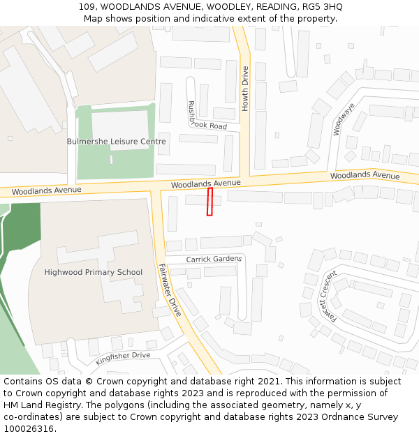 109, WOODLANDS AVENUE, WOODLEY, READING, RG5 3HQ: Location map and indicative extent of plot