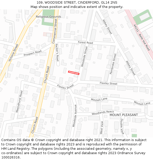 109, WOODSIDE STREET, CINDERFORD, GL14 2NS: Location map and indicative extent of plot