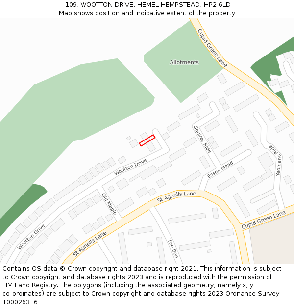 109, WOOTTON DRIVE, HEMEL HEMPSTEAD, HP2 6LD: Location map and indicative extent of plot