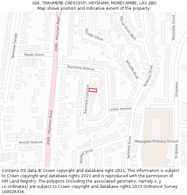 10A, TRANMERE CRESCENT, HEYSHAM, MORECAMBE, LA3 2BD: Location map and indicative extent of plot