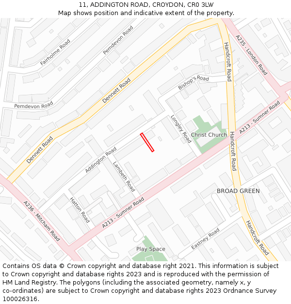11, ADDINGTON ROAD, CROYDON, CR0 3LW: Location map and indicative extent of plot