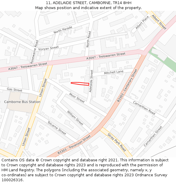11, ADELAIDE STREET, CAMBORNE, TR14 8HH: Location map and indicative extent of plot