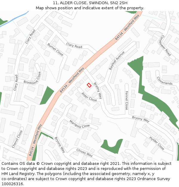 11, ALDER CLOSE, SWINDON, SN2 2SH: Location map and indicative extent of plot