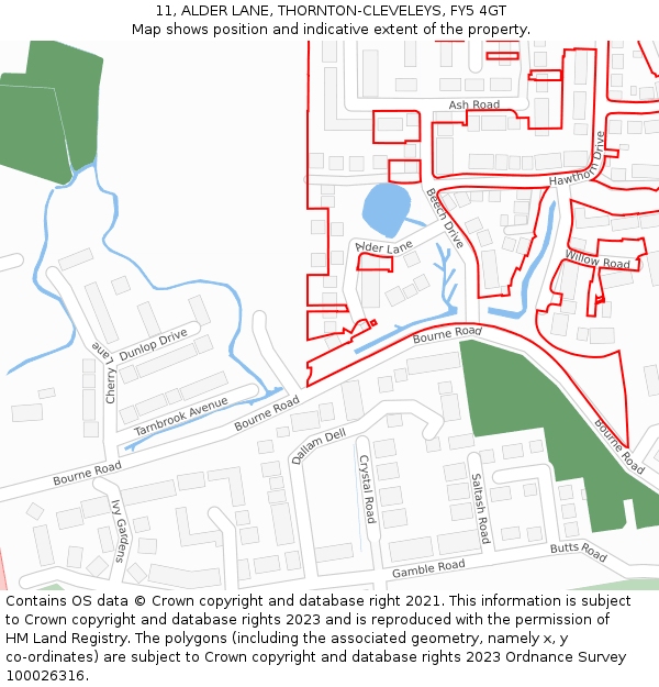 11, ALDER LANE, THORNTON-CLEVELEYS, FY5 4GT: Location map and indicative extent of plot