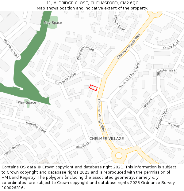 11, ALDRIDGE CLOSE, CHELMSFORD, CM2 6QG: Location map and indicative extent of plot