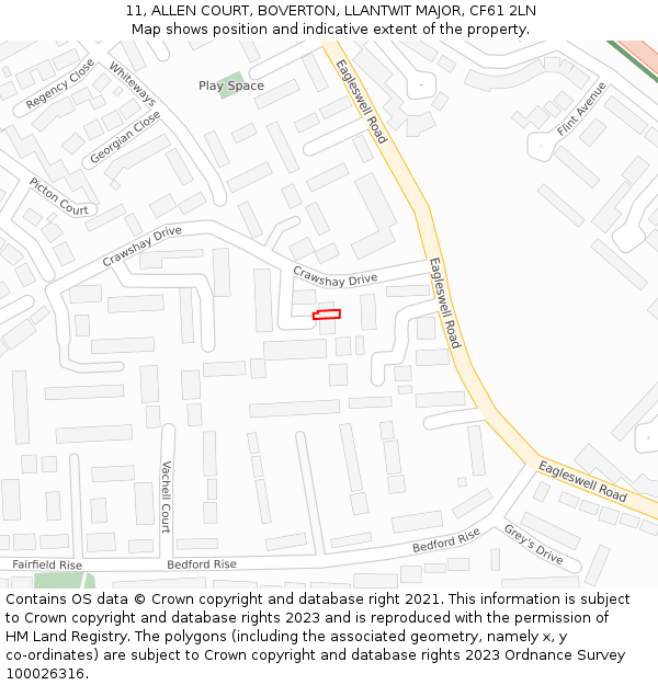 11, ALLEN COURT, BOVERTON, LLANTWIT MAJOR, CF61 2LN: Location map and indicative extent of plot