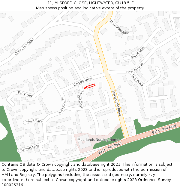 11, ALSFORD CLOSE, LIGHTWATER, GU18 5LF: Location map and indicative extent of plot