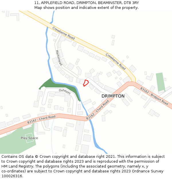 11, APPLEFIELD ROAD, DRIMPTON, BEAMINSTER, DT8 3RY: Location map and indicative extent of plot