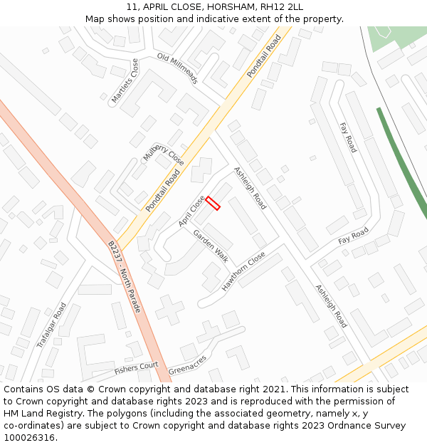 11, APRIL CLOSE, HORSHAM, RH12 2LL: Location map and indicative extent of plot