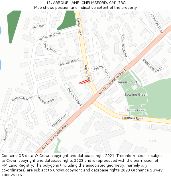 11, ARBOUR LANE, CHELMSFORD, CM1 7RG: Location map and indicative extent of plot