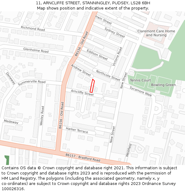 11, ARNCLIFFE STREET, STANNINGLEY, PUDSEY, LS28 6BH: Location map and indicative extent of plot