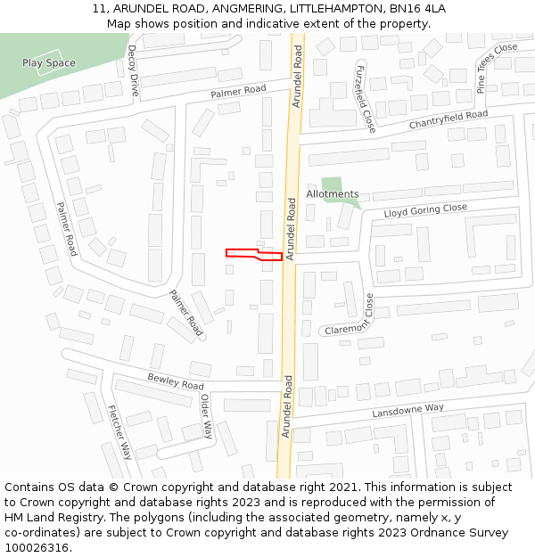 11, ARUNDEL ROAD, ANGMERING, LITTLEHAMPTON, BN16 4LA: Location map and indicative extent of plot