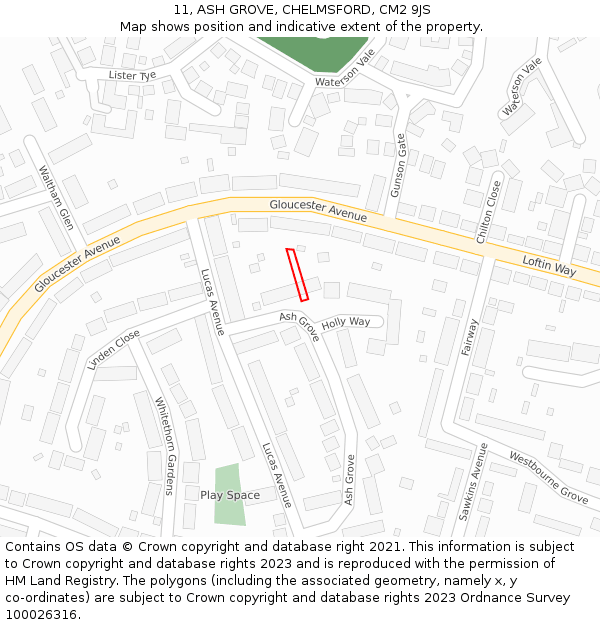 11, ASH GROVE, CHELMSFORD, CM2 9JS: Location map and indicative extent of plot