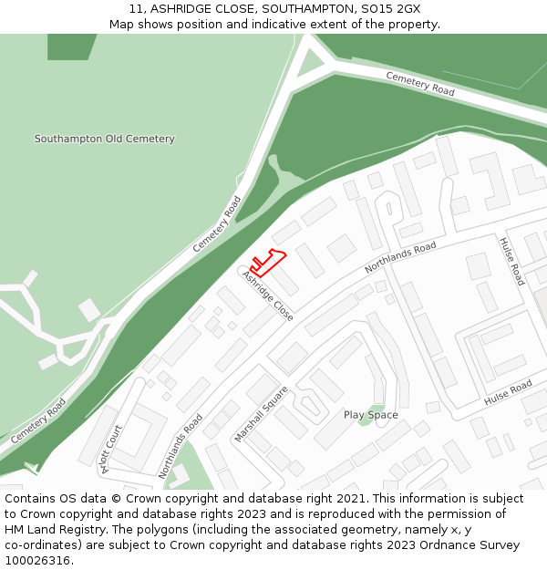 11, ASHRIDGE CLOSE, SOUTHAMPTON, SO15 2GX: Location map and indicative extent of plot