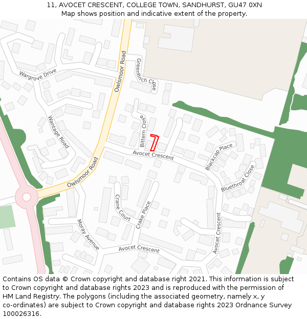 11, AVOCET CRESCENT, COLLEGE TOWN, SANDHURST, GU47 0XN: Location map and indicative extent of plot