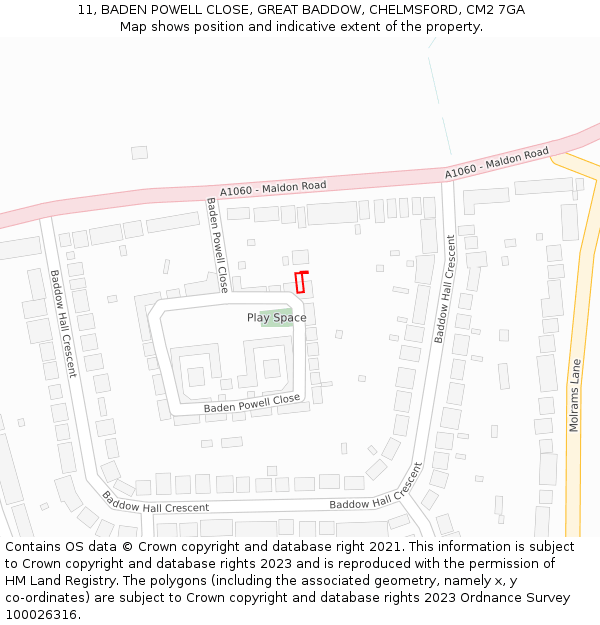 11, BADEN POWELL CLOSE, GREAT BADDOW, CHELMSFORD, CM2 7GA: Location map and indicative extent of plot