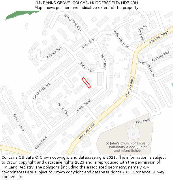 11, BANKS GROVE, GOLCAR, HUDDERSFIELD, HD7 4RH: Location map and indicative extent of plot