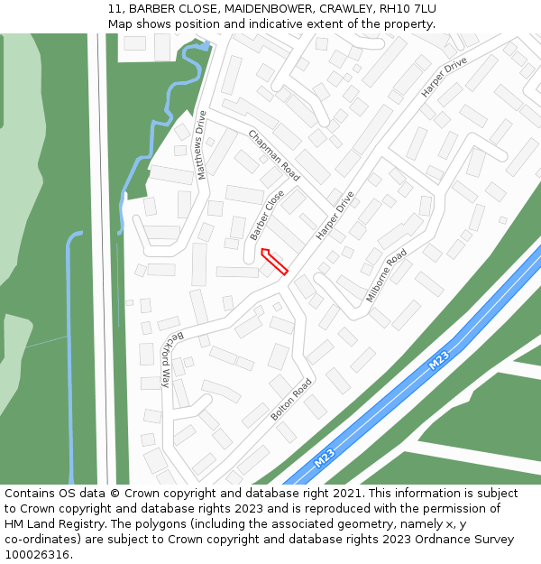 11, BARBER CLOSE, MAIDENBOWER, CRAWLEY, RH10 7LU: Location map and indicative extent of plot