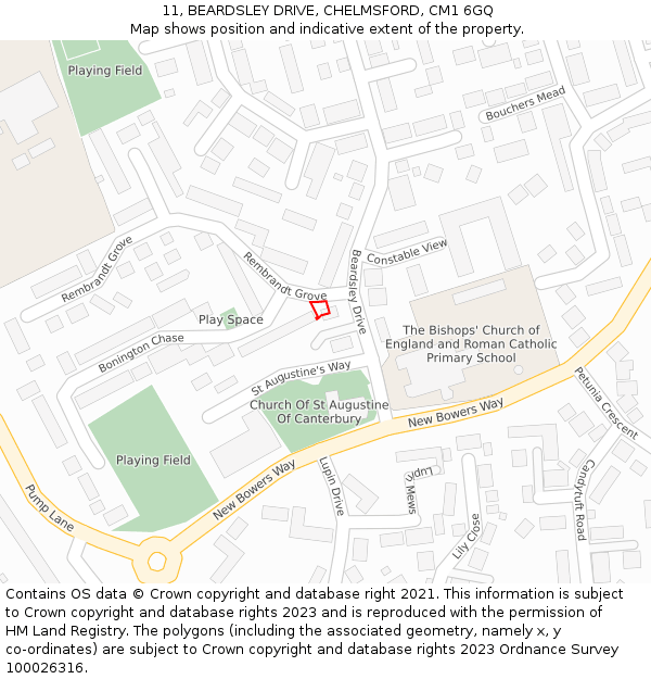 11, BEARDSLEY DRIVE, CHELMSFORD, CM1 6GQ: Location map and indicative extent of plot