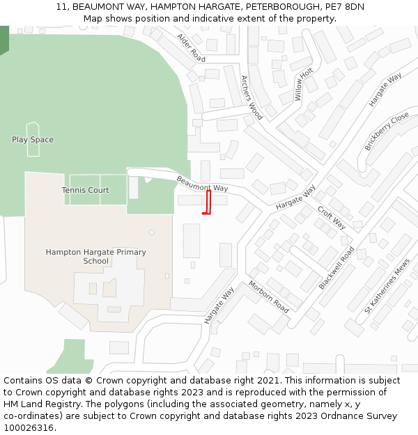 11, BEAUMONT WAY, HAMPTON HARGATE, PETERBOROUGH, PE7 8DN: Location map and indicative extent of plot
