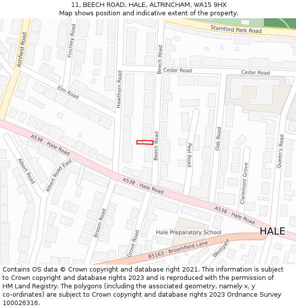 11, BEECH ROAD, HALE, ALTRINCHAM, WA15 9HX: Location map and indicative extent of plot