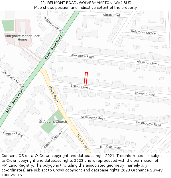11, BELMONT ROAD, WOLVERHAMPTON, WV4 5UD: Location map and indicative extent of plot