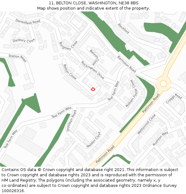 11, BELTON CLOSE, WASHINGTON, NE38 8BS: Location map and indicative extent of plot