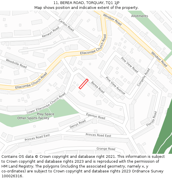 11, BEREA ROAD, TORQUAY, TQ1 1JP: Location map and indicative extent of plot