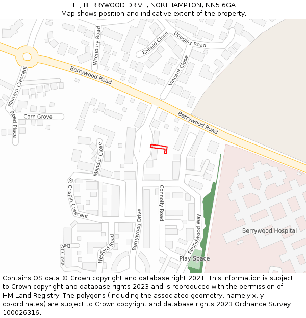 11, BERRYWOOD DRIVE, NORTHAMPTON, NN5 6GA: Location map and indicative extent of plot